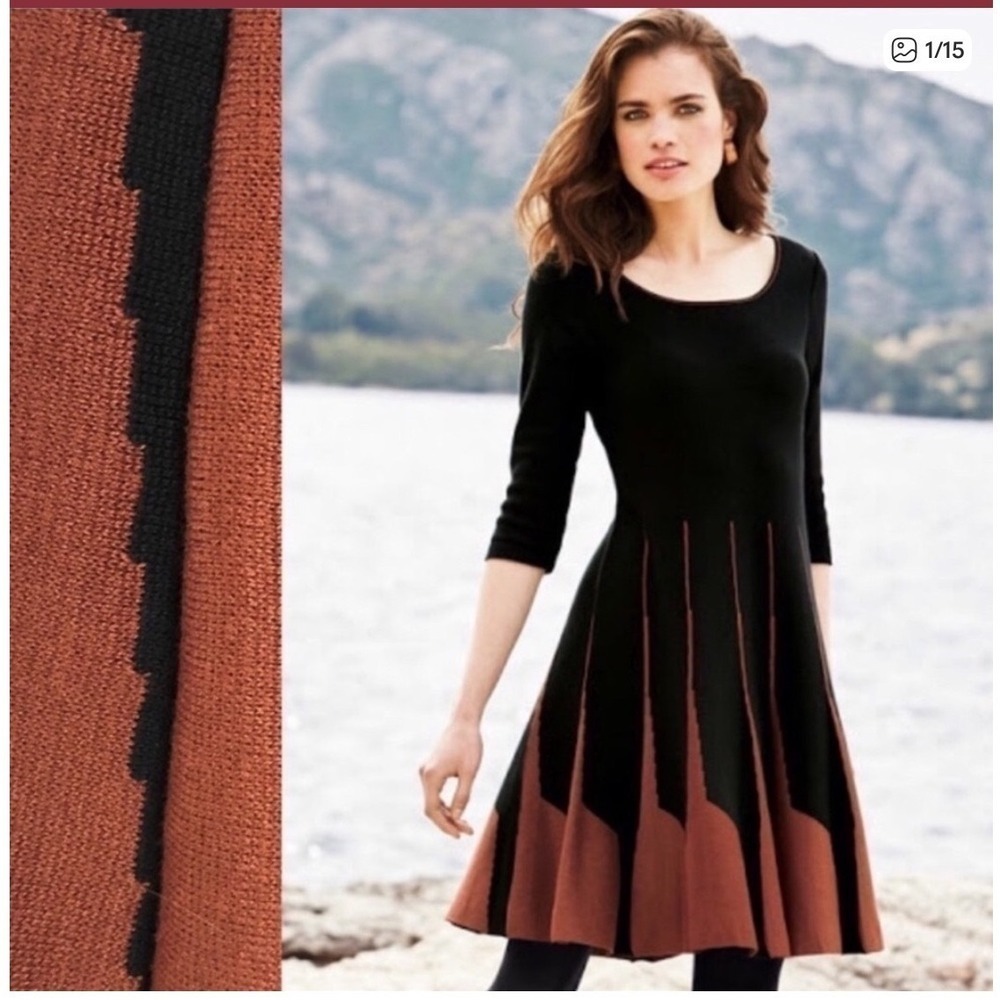 Peruvian Connection Parc Royal Knit Fit Flare Dress S Black Copper Pima Cotton‎